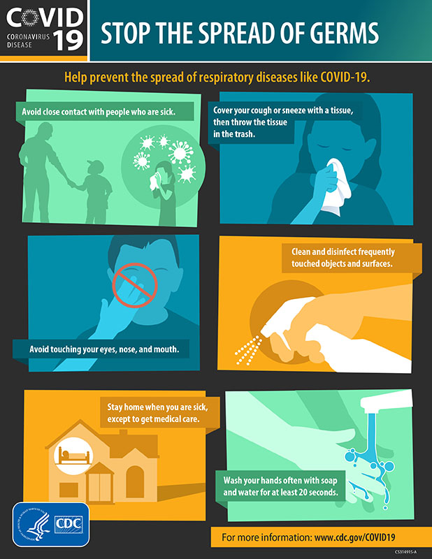 An infographic on Covid19 titled “Stop the Spread of Germs” features images, text, and white space to show viewers how to stop the spread of disease.