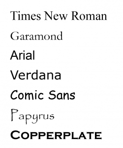 A list of font styles from top to bottom: Times New Roman, Garamond, Arial, Verdana, Comic Sans, Papyrus, and Copperplate.