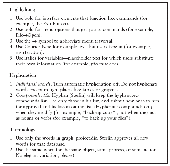 Sample style guide for a group writing project, listing agreed-upon rules for highlighting, hyphenation, and terminology.