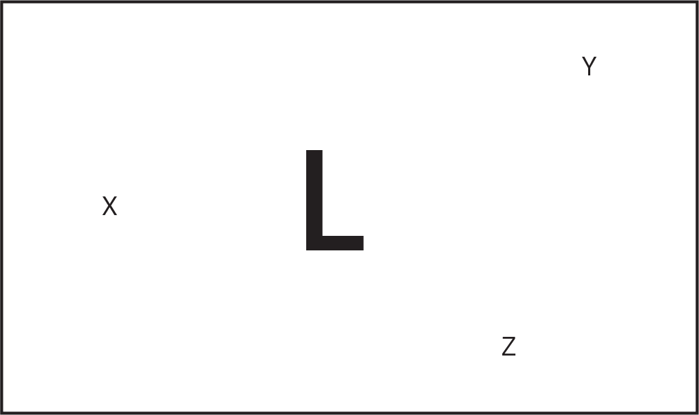 The letters L, X, Y, and Z are visible inside a rectangle. A small "X" is left center; a large "L" is middle center; a small "Z" is lower two-thirds right; a small "Y" is upper right. From the vantage point of any one letter, not all others are visible.