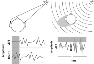 two diagrams, one depicting the way in which sound originating from the side reaches one ear before the other, and an additional diagram demonstrating the difference in amplitude levels across ears due to the head blocking the direct path to the far ear.