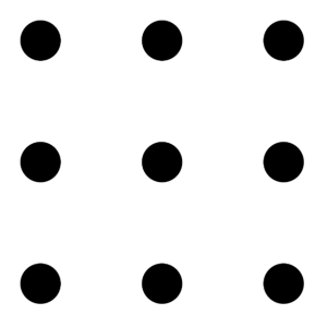 The image shows a 3x3 grid of black circular shapes or dots evenly spaced against a plain white background. There are no other visual elements present in the image.