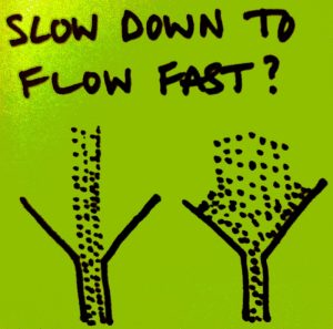 A green Post-It reading, "Slow down to flow fast?" written in Sharpie. Below the phrase are two drawings of funnels; one with a stream flowing through, the other causing a bottleneck.