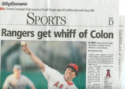 The image is a clipping from a sports section of a newspaper. The headline reads, "Rangers get whiff of Colon," referring to a sports event, likely involving a player with the last name Colon. The accompanying image shows a baseball pitcher in action, wearing a white uniform and a red cap. The article below the headline seems to discuss a game or a trade involving the Rangers and the mentioned player.