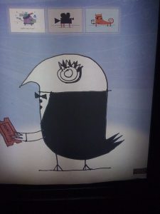 The image shows a stylized illustration of a bird wearing a bow tie, holding a ticket labeled "Admit One." The bird has a simple, cartoon-like design with a large eye and sharp, black and white contrast. Above the bird, there are three small icons featuring different artistic depictions of animals or objects against a blue, swirly background.