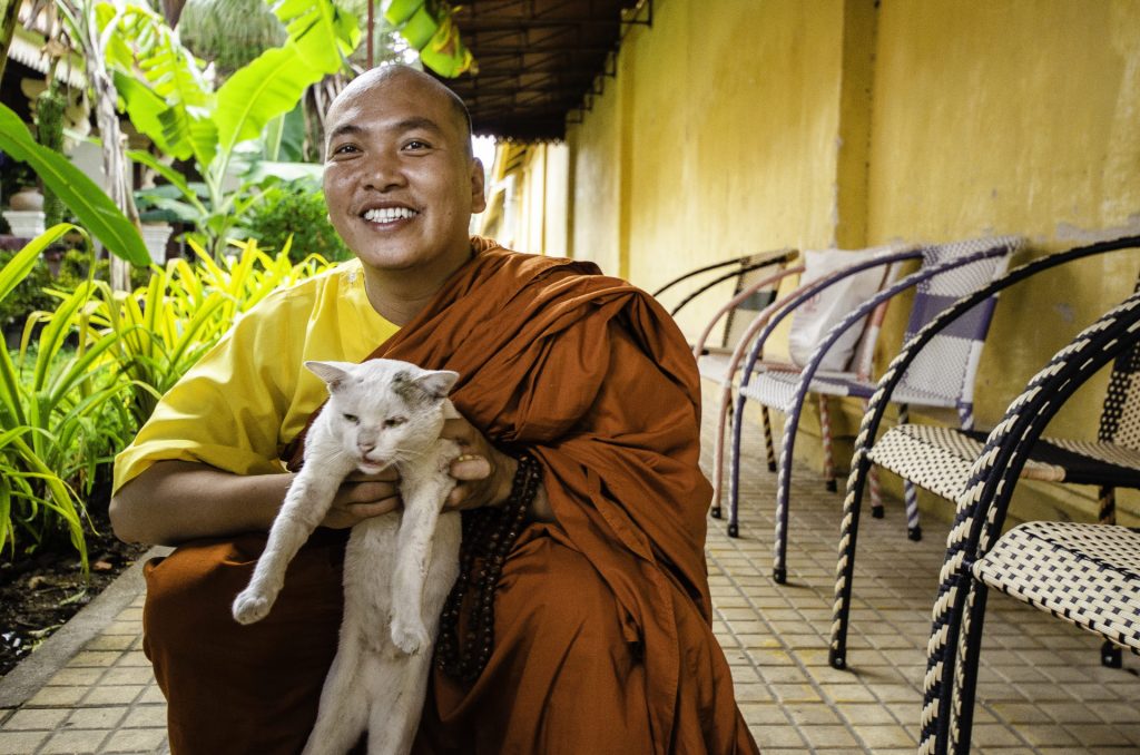 A Buddhist monk wearing orange and yellow robes smiles brightly while holding a white cat with gray markings. The setting is an outdoor walkway surrounded by lush green plants, with wicker chairs lining the tiled pathway.