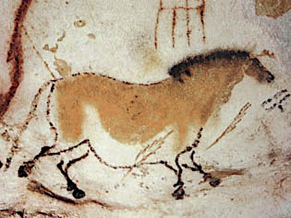 This image features a prehistoric cave painting of a horse, characterized by its simplistic yet expressive lines and natural earthy tones. The artwork depicts a horse in motion, with details like the mane and legs captured using dark pigments, contrasting against the lighter background of the cave wall. This ancient illustration offers a glimpse into early human creativity and their connection to the animal world.