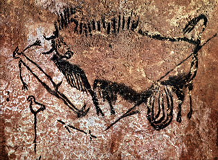 An image of prehistoric cave paintings showing a bison, with detailed markings representing its body and horns. The drawing also includes an archer with a bow and arrows, suggesting a scene of hunting or symbolic representation. The artwork is created with black pigments on the cave wall, typical of Paleolithic art.