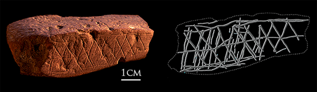 An image showing an ancient artifact (left) and its 3D model (right). The object on the left is a clay tablet with engraved markings, approximately 1 cm in size. The right side displays a digital reconstruction of the structure, showing intersecting lines, which may represent a form of early writing or a symbol pattern.