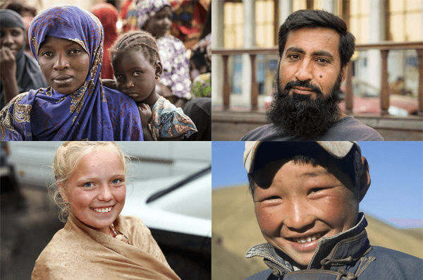 A collage of four portraits showing people from different regions of the world. Top left: A woman and child in colorful clothing, possibly from East Africa, surrounded by others. Top right: A man with a full beard and dark hair, wearing a dark shirt, standing outside a building. Bottom left: A smiling blonde child wrapped in a tan shawl, standing near a vehicle. Bottom right: A smiling child wearing a hat and jacket, standing outdoors in a hilly area.