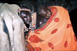 A Maasai woman in traditional clothing and beadwork carries a child on her back while standing near a cow.