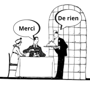 An illustration of a couple sitting at a table in a nice restaurant says, "Merci" to a waiter in a suit, who replies, "De rien".