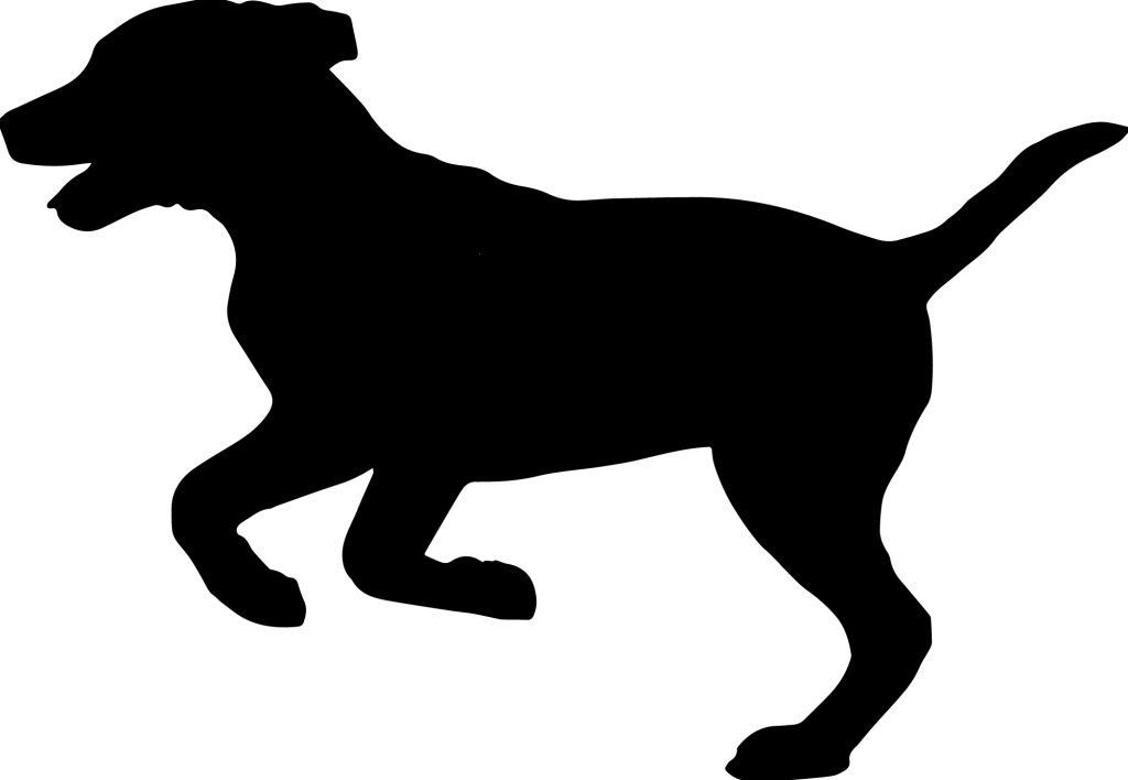 A silhouette of a dog in profile.