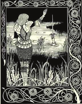 An illustration of a man standing in grass looking over a pond with a hand offering a sword from the water.
