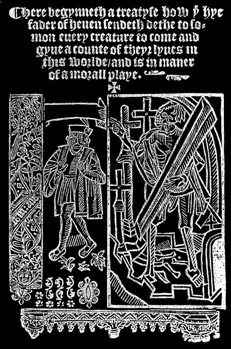 Illustration of man walking with another man surrounded by crosses. Medieval text written above.
