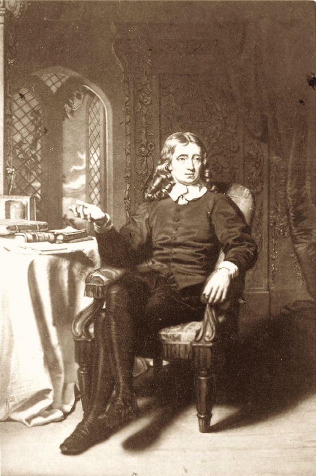 A sepia-toned portrait of John Milton, a famous English poet, seated in an armchair next to a table near a window.
