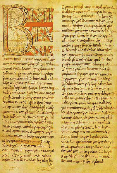 Parchment folio from the Saint Petersburg Bede (c.746), showing two columns of Latin text and a historiated initial ‘B’ enclosing a haloed saint with a cross and book.