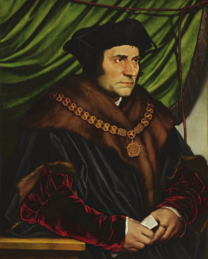 Portrait of a man sitting in robes. The background features a green curtain.