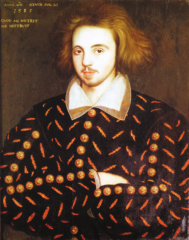 A portrait painting of Christopher Marlowe, an Elizabethan playwright, with shoulder-length light brown hair, a slight beard and mustache, wearing a dark, patterned doublet with gold buttons and a white collar.