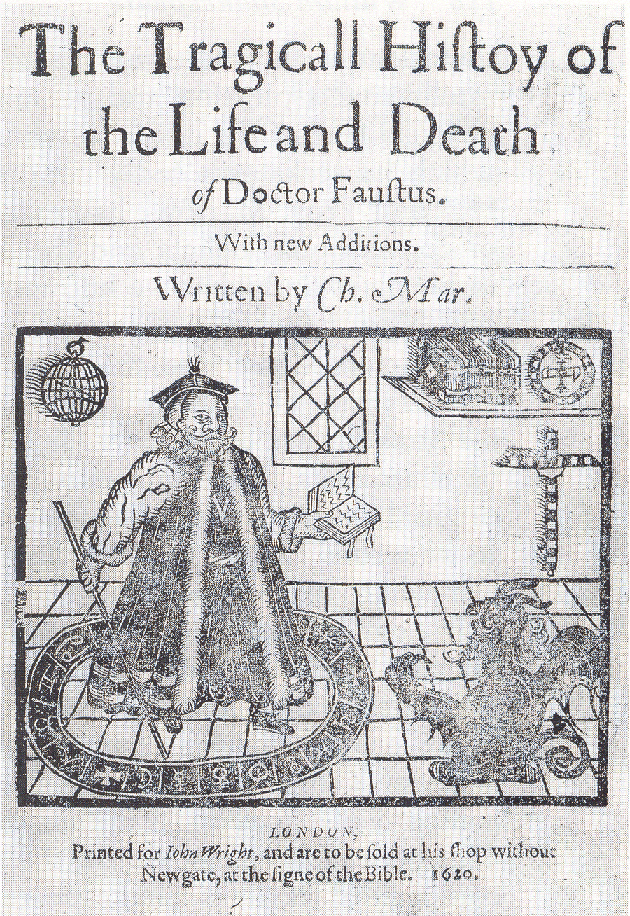 Title page and illustration from 'The Tragicall History of the Life and Death of Doctor Faustus' by Christopher Marlowe, showing the title text and a depiction of Doctor Faustus with a globe and books.