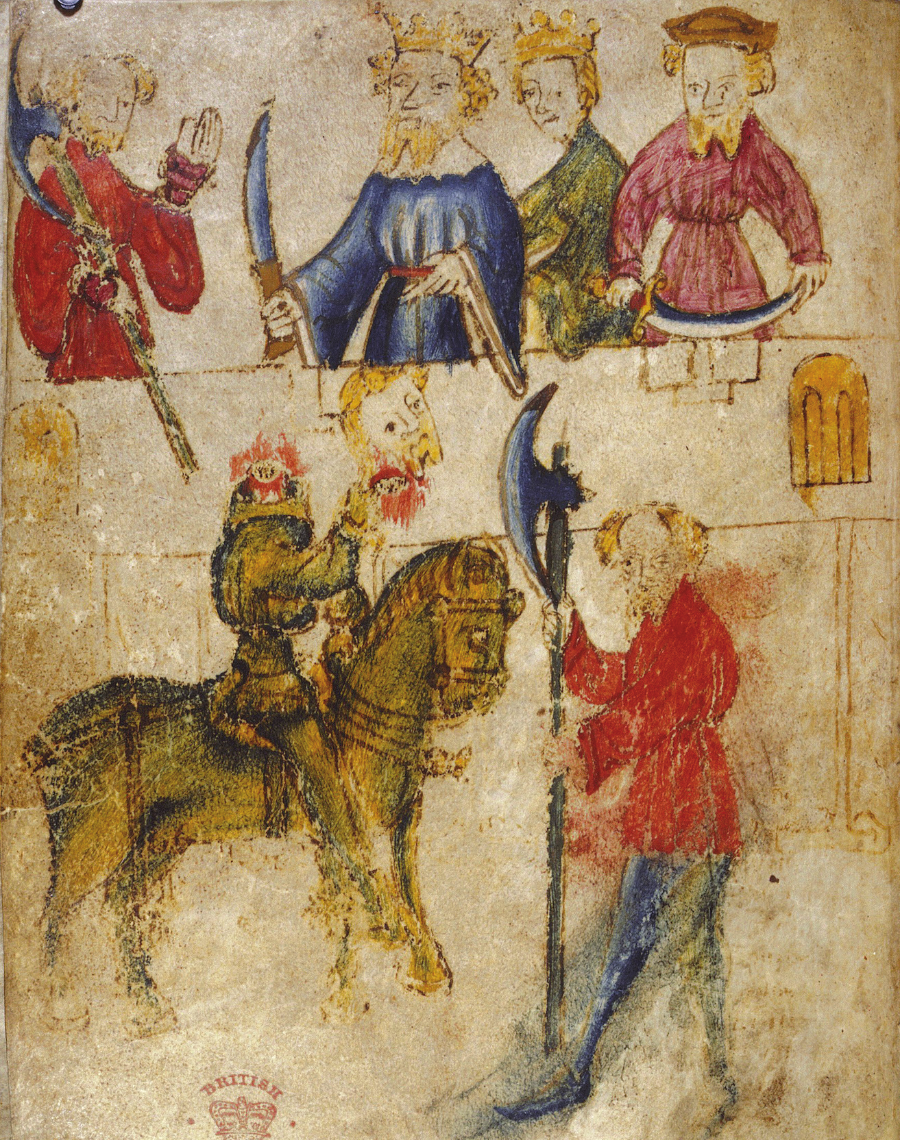 This image depicts a scene from the medieval Arthurian romance, Sir Gawain and the Green Knight. The central figure on horseback, holding a severed head, the figure standing before him, holding an axe, is the Green Knight, who, despite being beheaded, miraculously picks up his head and instructs Gawain to meet him a year and a day later. The figures in the background are witnessing the extraordinary event.