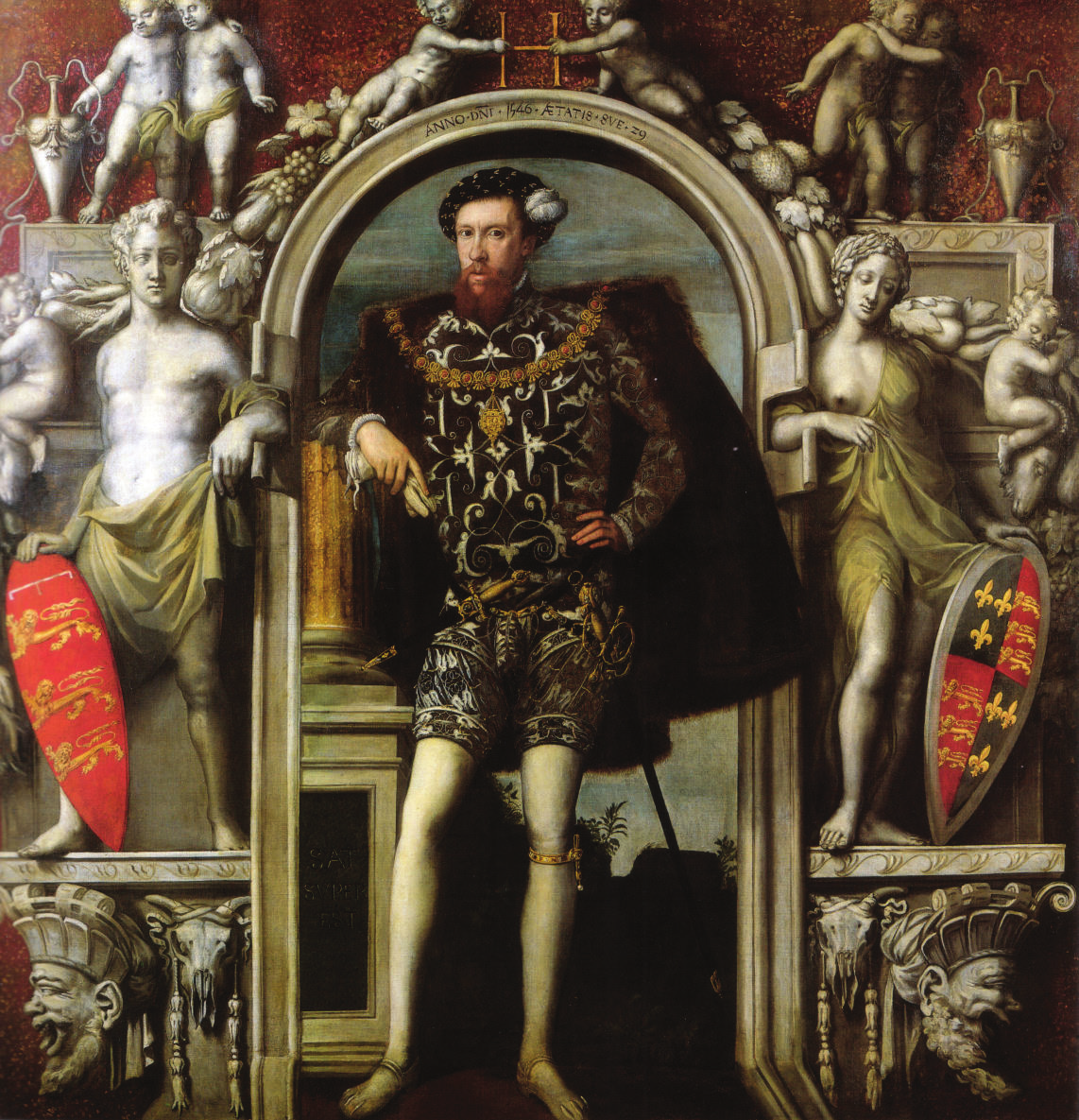 Portrait of a man standing in 16th century attire. The background features an arch decorated with statues and cherubs.
