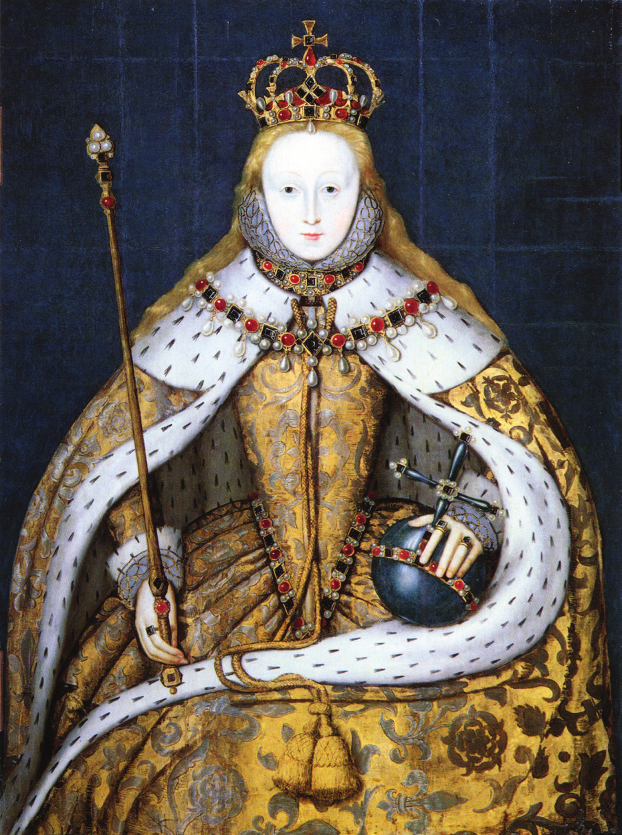 A regal portrait of Queen Elizabeth I of England seated on a throne, wearing an ornate gold gown and an ermine-lined robe. She holds a scepter in her right hand and an orb topped with a cross in her left hand. She wears a jeweled crown and elaborate jewelry, with a pale face framed by a lace ruff. The background is a dark blue, emphasizing her richly adorned figure.