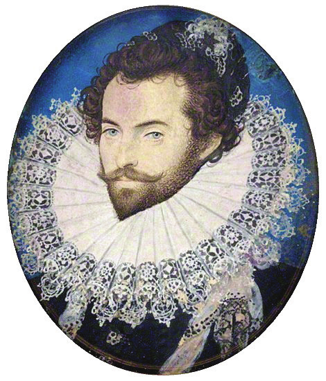 Portrait of Sir Walter Raleigh wearing an elaborate Elizabethan outfit, including a black doublet, richly decorated white lace ruff, and a jeweled hat. He gazes confidently at the viewer with a trimmed beard and mustache, exuding wealth and status typical of an English courtier during the late 16th century.