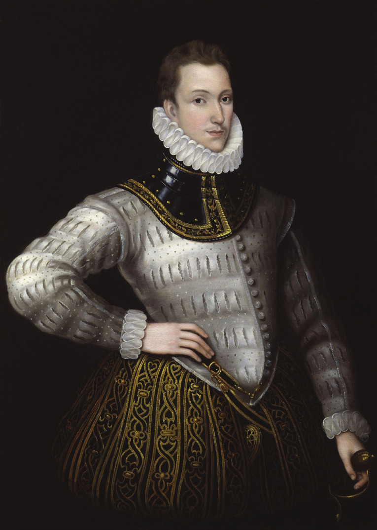 Portrait of Sir Philip Sidney dressed in ornate Elizabethan armor with detailed engravings. He has a neatly trimmed beard and mustache, and his expression is calm and composed. Behind him is a dark, muted background that highlights his richly adorned attire and noble bearing.