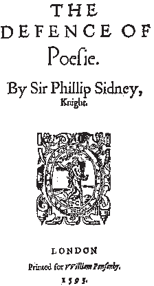 Image of text that states "The Defence of Poesie" with an illustration and publishing information.