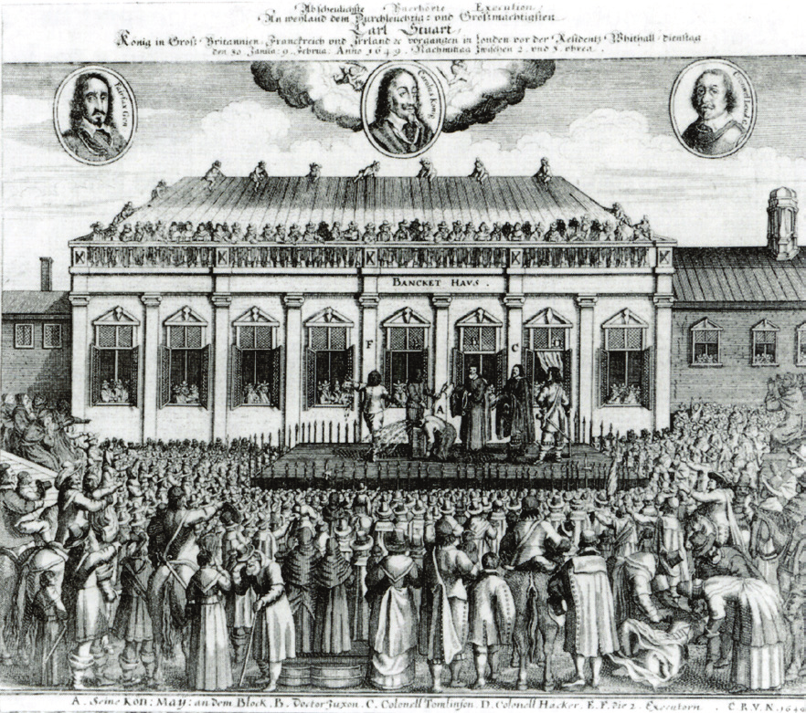 An engraving depicting the public execution of King Charles I outside the Banqueting House at Whitehall, London, on January 30, 1649, with a large crowd of spectators gathered around the scaffold. The image also includes portraits of individuals, possibly King Charles I and others, in ovals at the top.