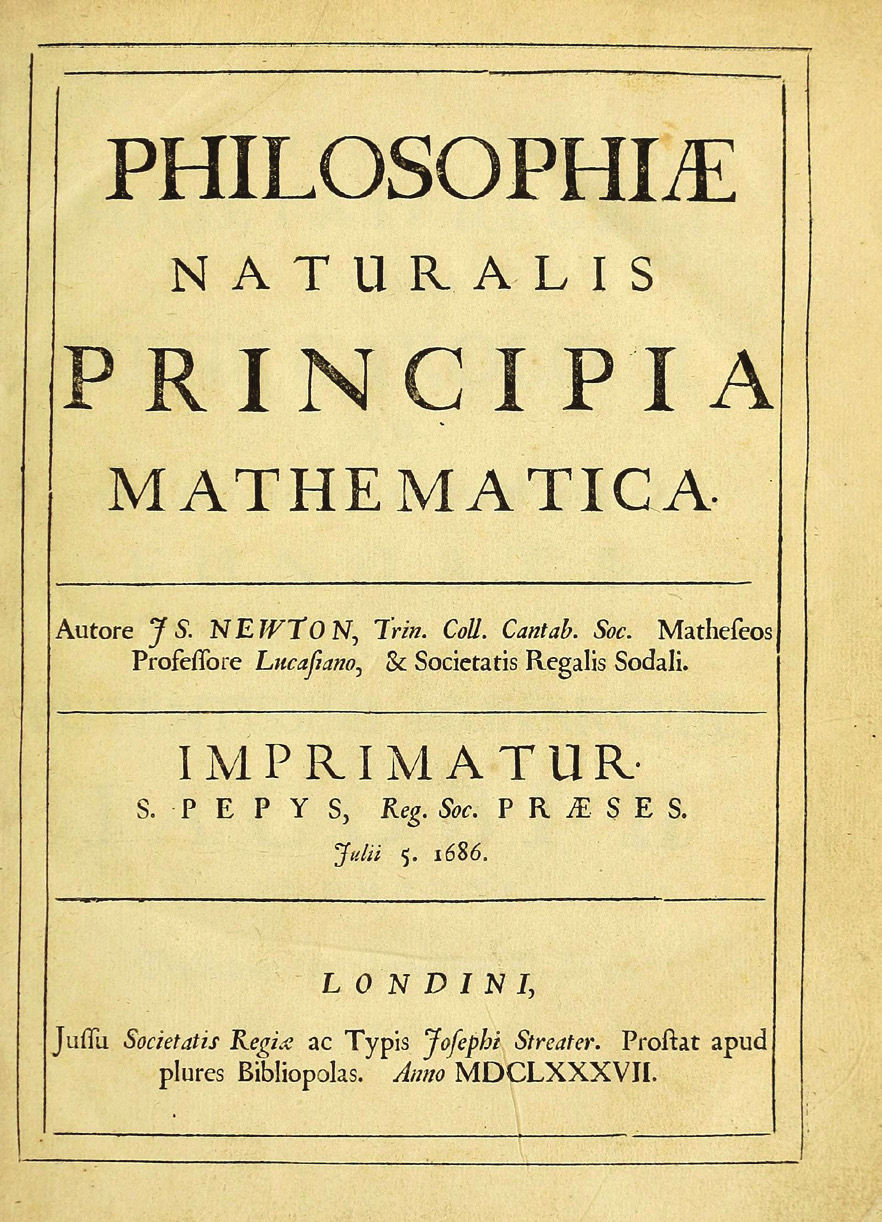 Title page of Isaac Newton's Philosophiæ Naturalis Principia Mathematica, first edition, published in London on July 5, 1686, by S. Pepys, Reg. Soc. PRÆSES.