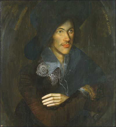 A portrait painting of John Donne, a man with a mustache and a dark hat, wearing an elaborate collar and dark clothing, with his hands crossed at the bottom of the frame.