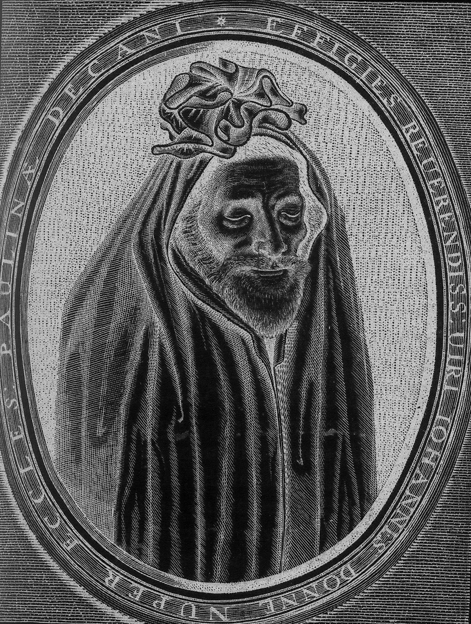 An oval-framed, black-and-white engraving of John Donne in his shroud, with text around the oval border.