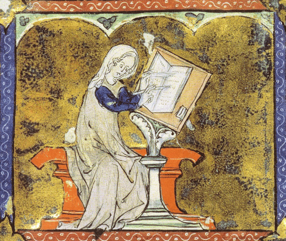 Drawing of a nun writing in a book.