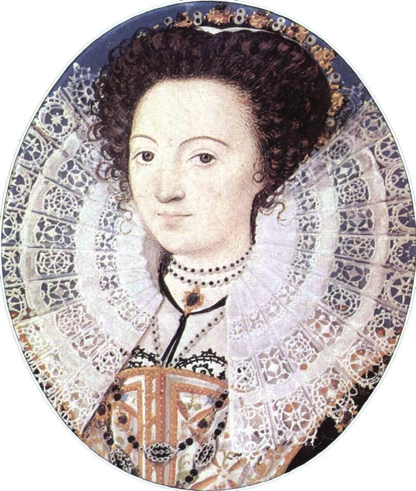 A portrait painting of Aemilia Lanyer, an English poet, wearing a large, elaborate white lace ruff, a pearl necklace, and an ornate, embroidered gown.