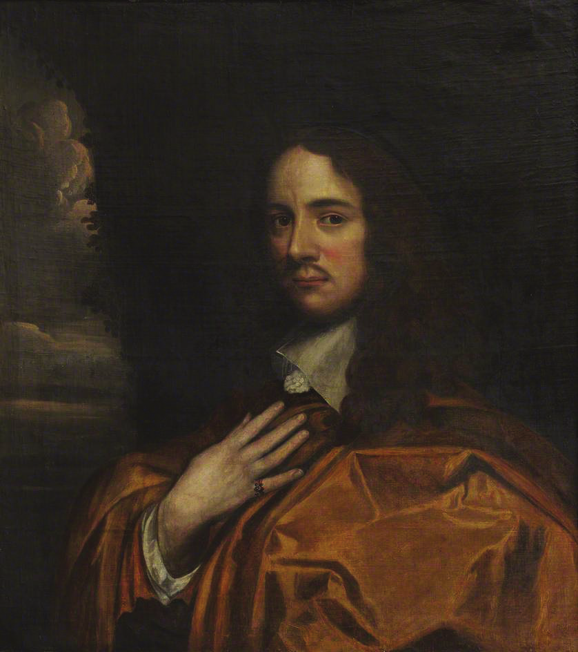 Portrait of Andrew Marvell, an English poet and politician, depicted with long brown hair, a mustache, and a white collar, wearing a draped reddish-brown garment, with a hand placed on his chest.