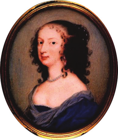 A portrait of Margaret Lucas Cavendish, Duchess of Newcastle-upon-Tyne, depicted in an oval frame. She is shown with dark, curly hair, wearing a pearl necklace and a blue draped garment.