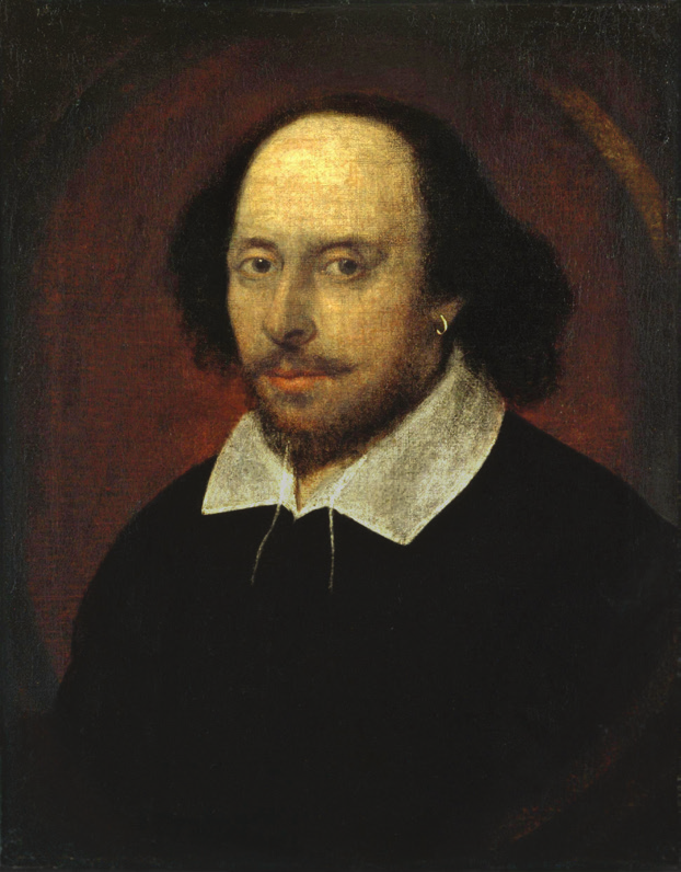 An oil painting, known as the Chandos portrait, depicting William Shakespeare, featuring a man with a receding hairline, dark hair, a mustache, and a pointed beard, wearing a white collar over dark clothing.