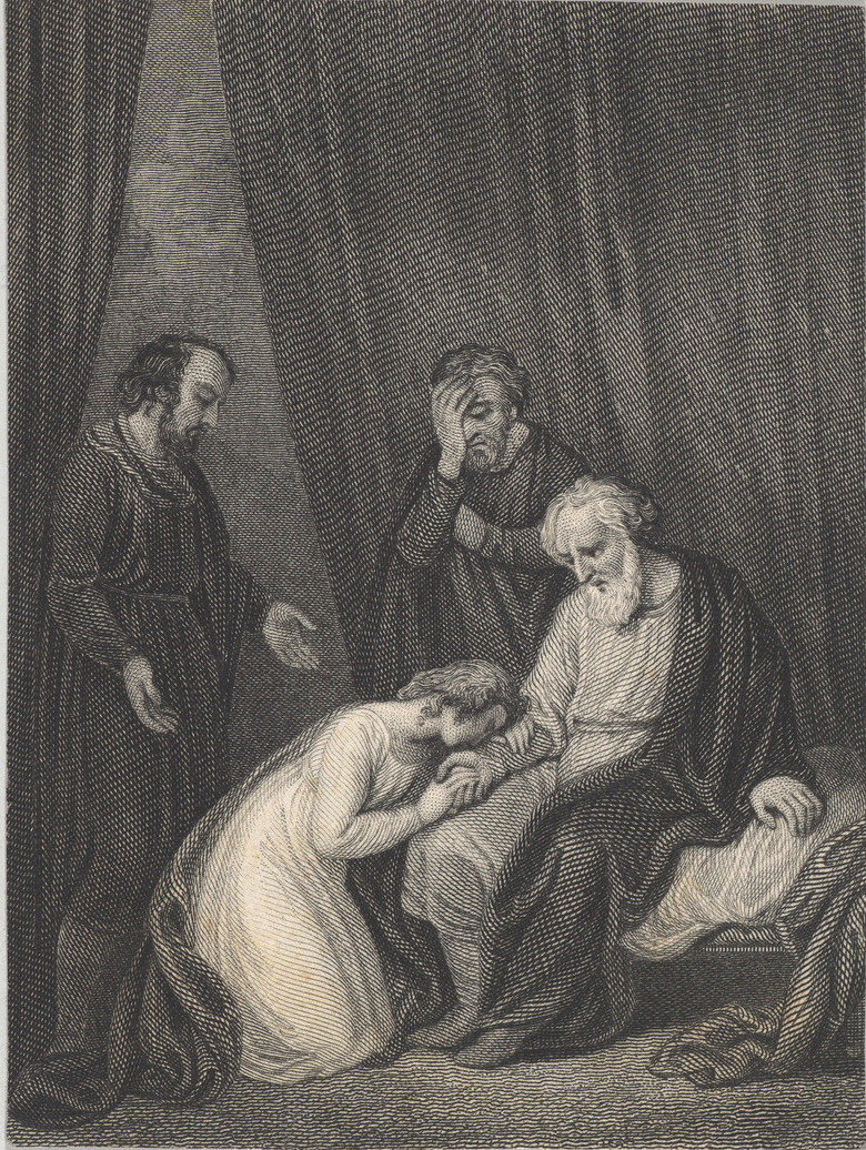 An engraving depicting Cordelia kneeling and holding the hand of an elderly King Lear, while other figures stand in the background. This scene is from William Shakespeare's play King Lear, where Cordelia, Lear's youngest daughter, expresses her genuine love for him, contrasting with the flattery of her sisters.