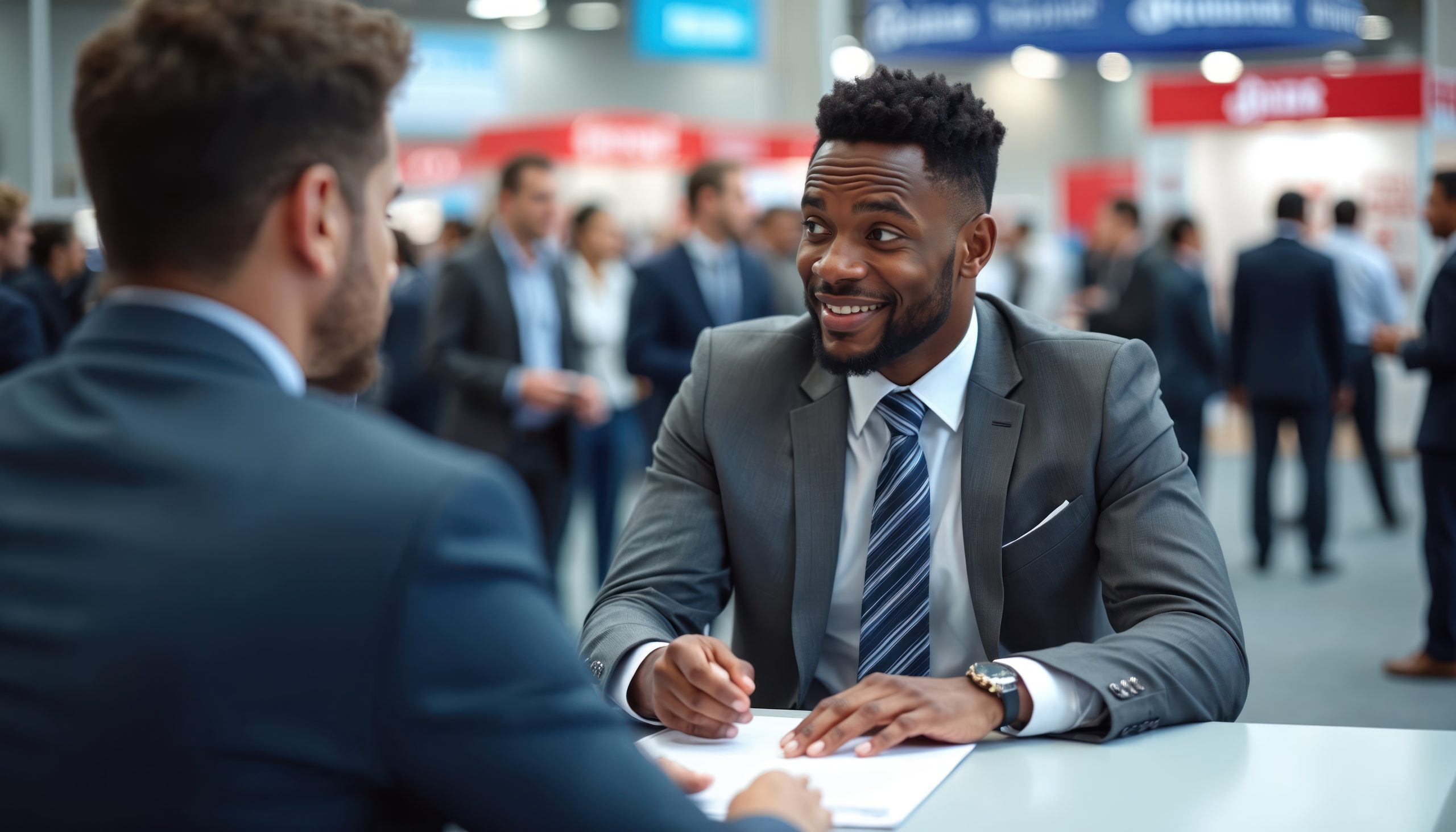 A man dressed in a professional suit filling out a piece of paper another man is holding across the table with non-identifiable people in suits in the background. Adobe Stock