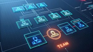 Digital organizational chart showing a central figure labeled 'TEAM' in a glowing orange circle, connected by lines to other figures in blue and green rectangular boxes. The layout illustrates hierarchical relationships among team members, with a grid-patterned background giving a high-tech feel. Adobe Stock
