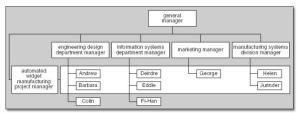 Organizational chart showing a company hierarchy. At the top is the General Manager, followed by four department managers: Engineering Design, Information Systems, Marketing, and Manufacturing Systems. The Engineering Design manager oversees a project manager who supervises Andrew, Barbara, and Colin. The Information Systems manager oversees Deirdre, Eddie, and Fi-Han. The Marketing manager oversees George, and the Manufacturing Systems manager oversees Helen and Juinder. (Piercy)