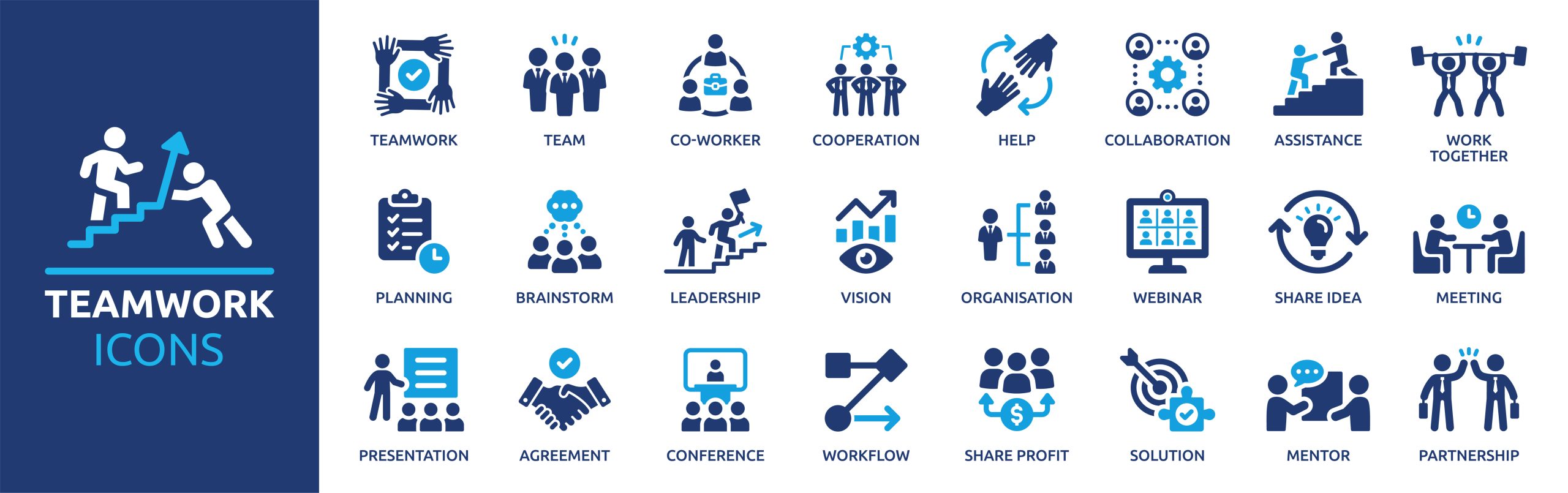 A grid of 24 icons representing teamwork-related concepts. Each icon is labeled with a term such as teamwork, team, co-worker, cooperation, help, collaboration, assistance, work together, planning, brainstorm, leadership, vision, organization, webinar, share idea, meeting, presentation, agreement, conference, workflow, share profit, solution, mentor, and partnership. The icons depict figures interacting, tools like clipboards and graphs, and symbols like gears, light bulbs, and dollar signs to visually convey each concept. Adobe Stock Image