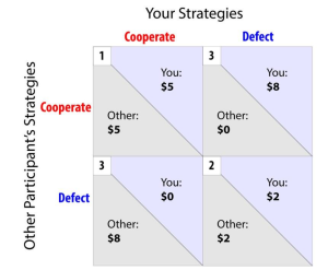 Payoff matrix illustrating the Prisoner's Dilemma with two participants: 'You' and 'Other Participant.' Each can choose to Cooperate or Defect. Outcomes are: (Cooperate, Cooperate) — You: $5, Other: $5; (Cooperate, Defect) — You: $8, Other: $0; (Defect, Cooperate) — You: $0, Other: $8; (Defect, Defect) — You: $2, Other: $2. The matrix shows how strategy choices impact individual payoffs. (Piercy)