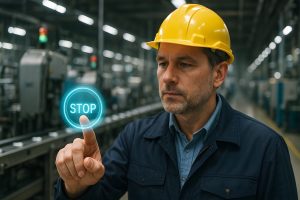 A man in coveralls and a hard hat looks as if he is pressing a stop button to the factory machines behind him. Adobe Stock