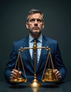 Person in a dark blue suit holding a golden balance scale with uneven coin stacks. Adobe Stock