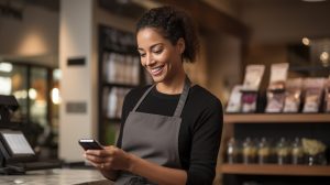A woman in an apron smiling while looking at a smartphone behind a counter in a café or shop with a cash register and shelves of products in the background. Adobe Stock