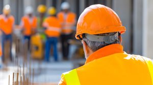 Construction workers in orange safety vests and hard hats at a construction site viewed from behind one worker in the foreground. Adobe Stock